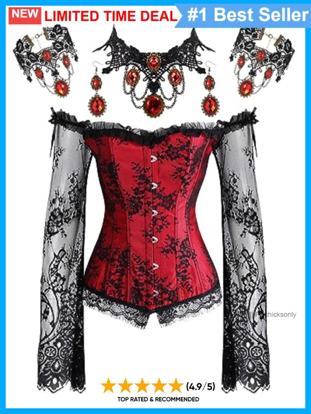 Gothic Lace Corset Set Ruched Sleeves Choker Bracelet Earrings Steampunk